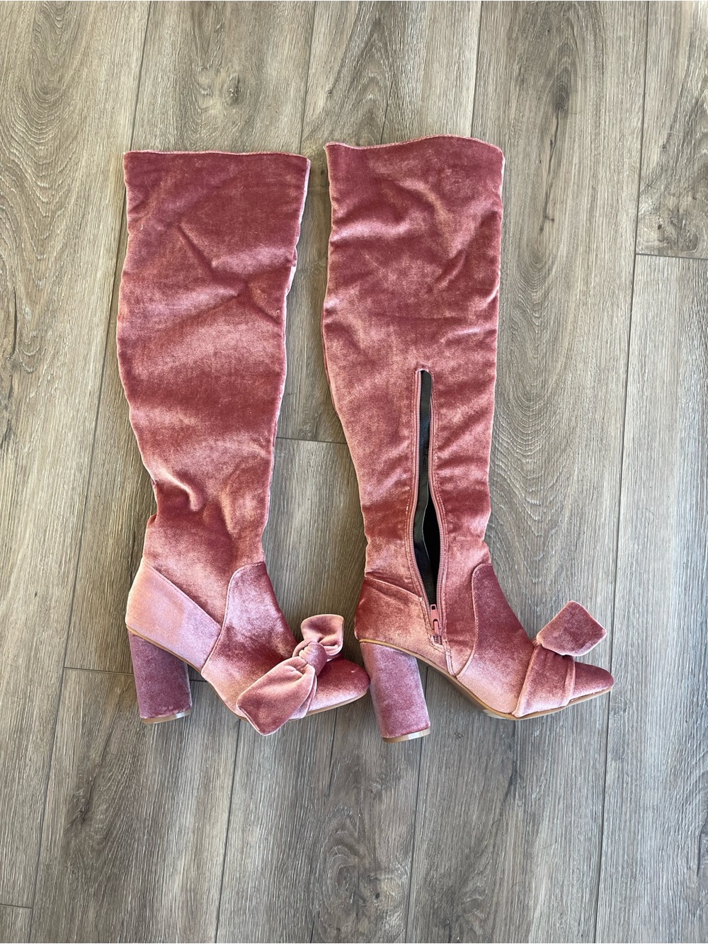 Velvet Over-the-Knee Bow Boots in Dusty Rose